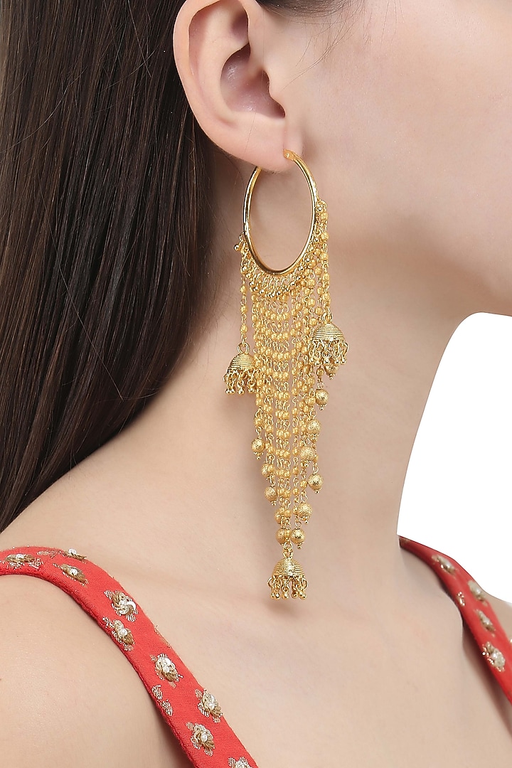 Gold finish strings and jhumki drops balis available only at Pernia's Pop Up Shop.