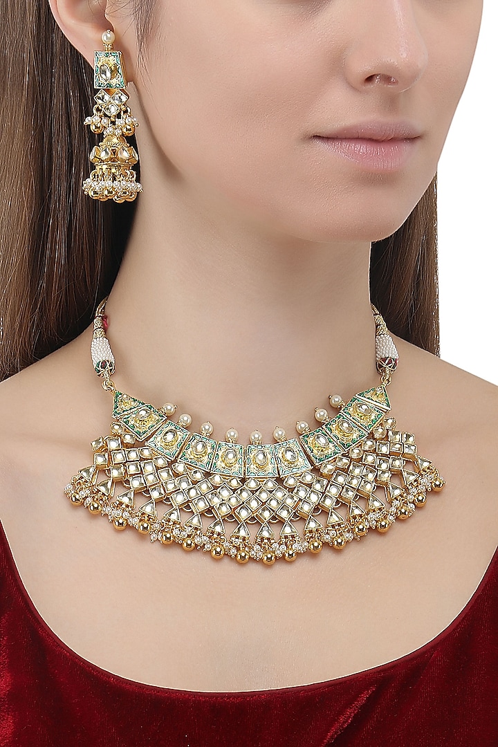 Gold Finish Kundan and Green Enamel Necklace Set by Anjali Jain Jewellery