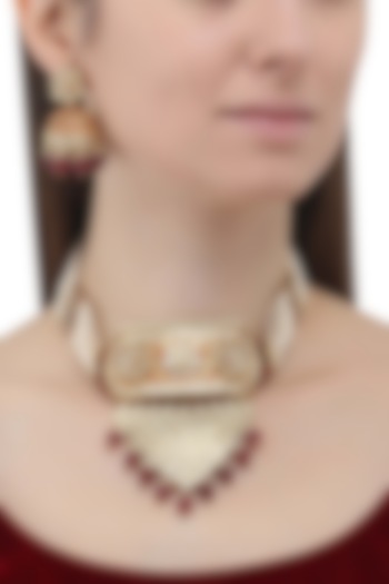 Gold Finish Kundan and Pearl String Necklace Set by Anjali Jain Jewellery