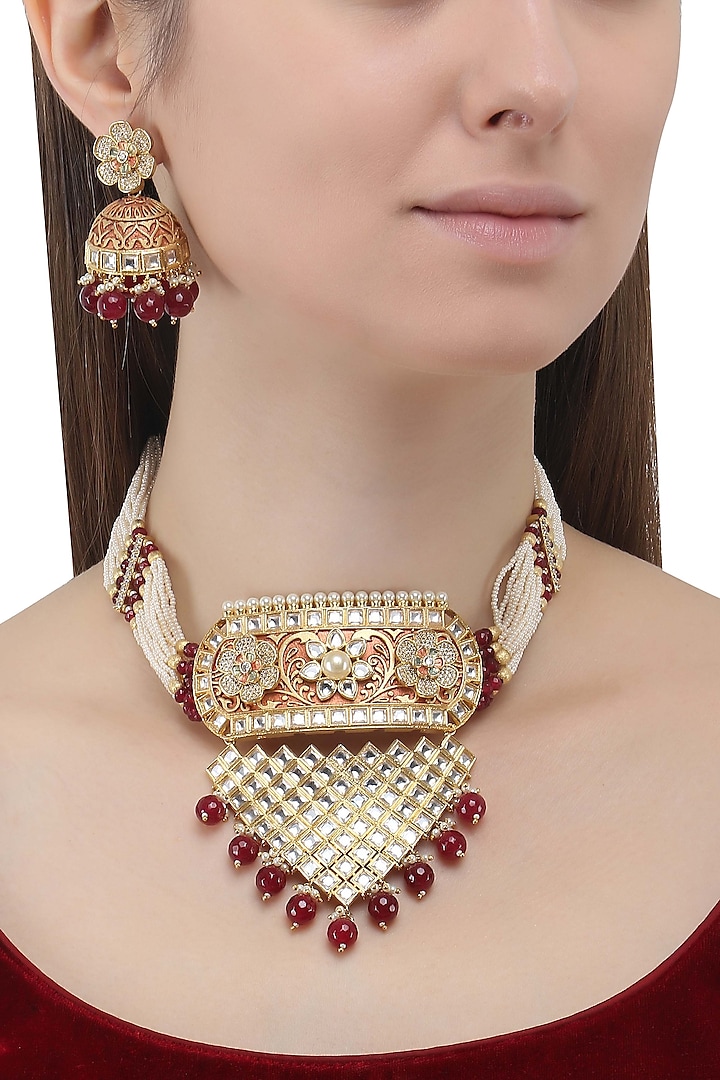 Gold Finish Kundan and Pearl String Necklace Set by Anjali Jain Jewellery
