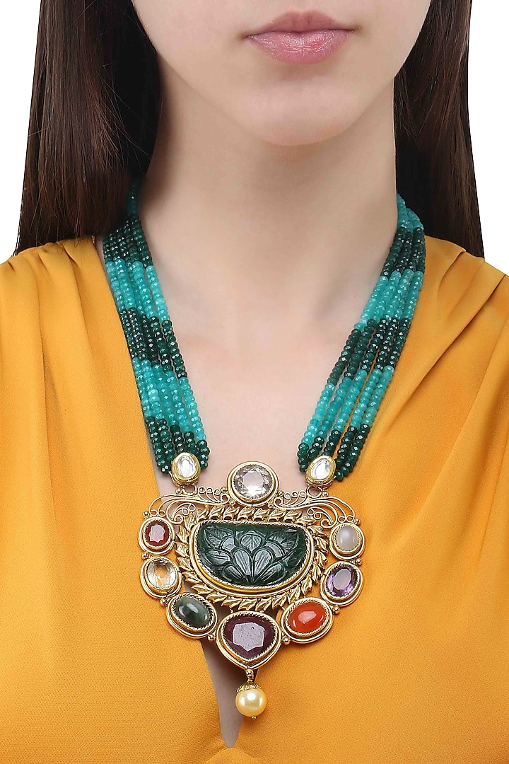 Gold Finish Navratan Stones and Multilayer String Necklace by Anjali Jain Jewellery