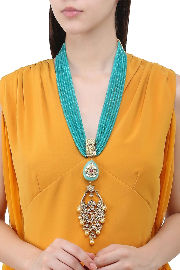 Gold Finish Kundan and Polki Mutilayer String Necklace by Anjali Jain Jewellery