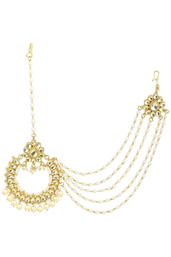 Gold finish polki and pearl maangtika available only at Pernia's Pop Up Shop.