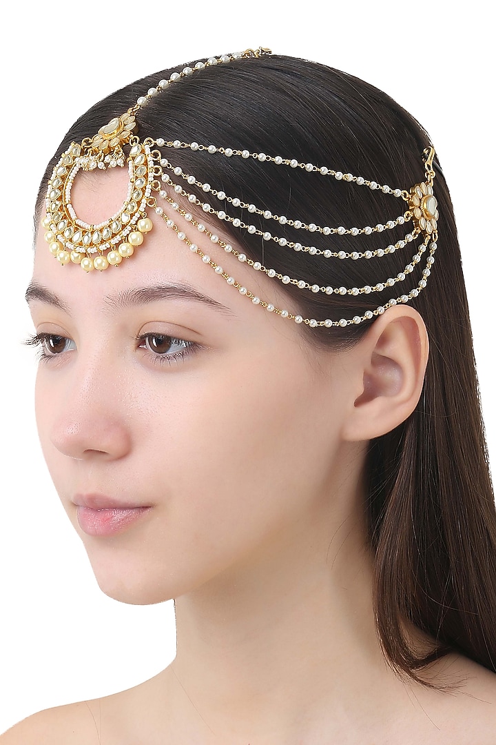 Gold finish polki and pearl maangtika available only at Pernia's Pop Up Shop.