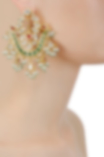 Gold Finish Kundan Stone Bird Motif Earrings by Anjali Jain Jewellery
