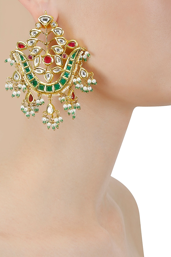 Gold Finish Kundan Stone Bird Motif Earrings by Anjali Jain Jewellery