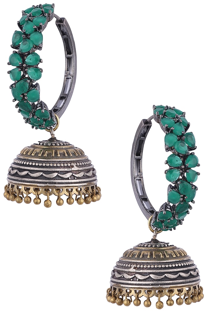 Antique silver and gold dual plated jhumki earrings by Anjali Jain Jewellery at Pernia's Pop Up Shop