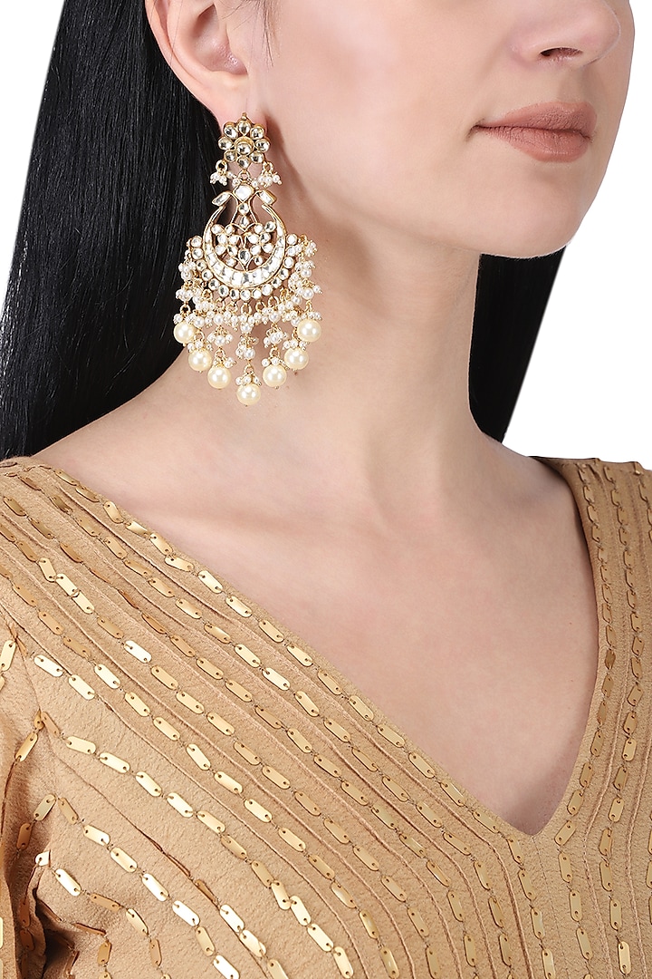 Gold plated polki and pearls chandbali earrings by Anjali Jain Jewellery