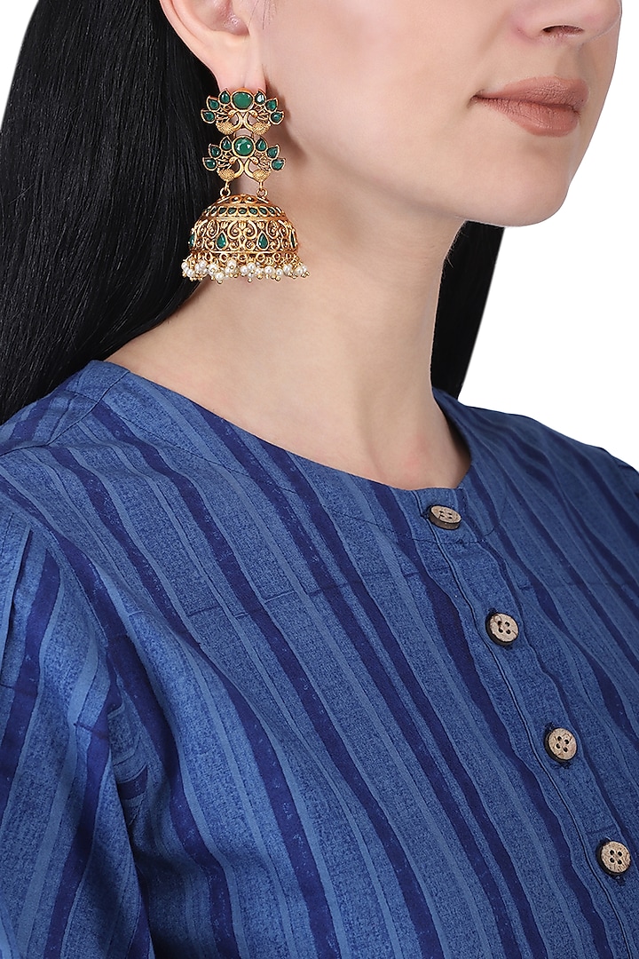 Gold plated onxy and pearls jhumki earrings by Anjali Jain Jewellery