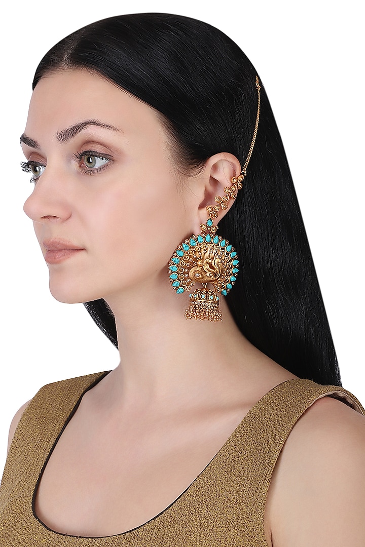 Gold plated turquoise stone and pearl earrings by Anjali Jain Jewellery