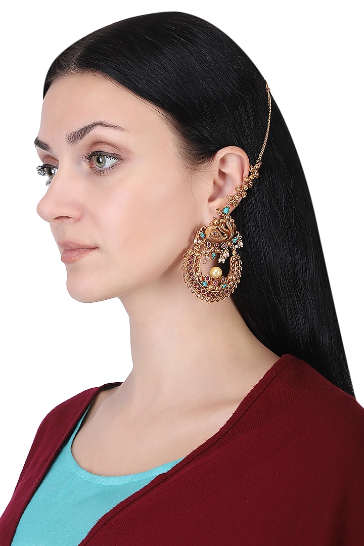 Gold plated turquoise and red stone earrings by Anjali Jain Jewellery