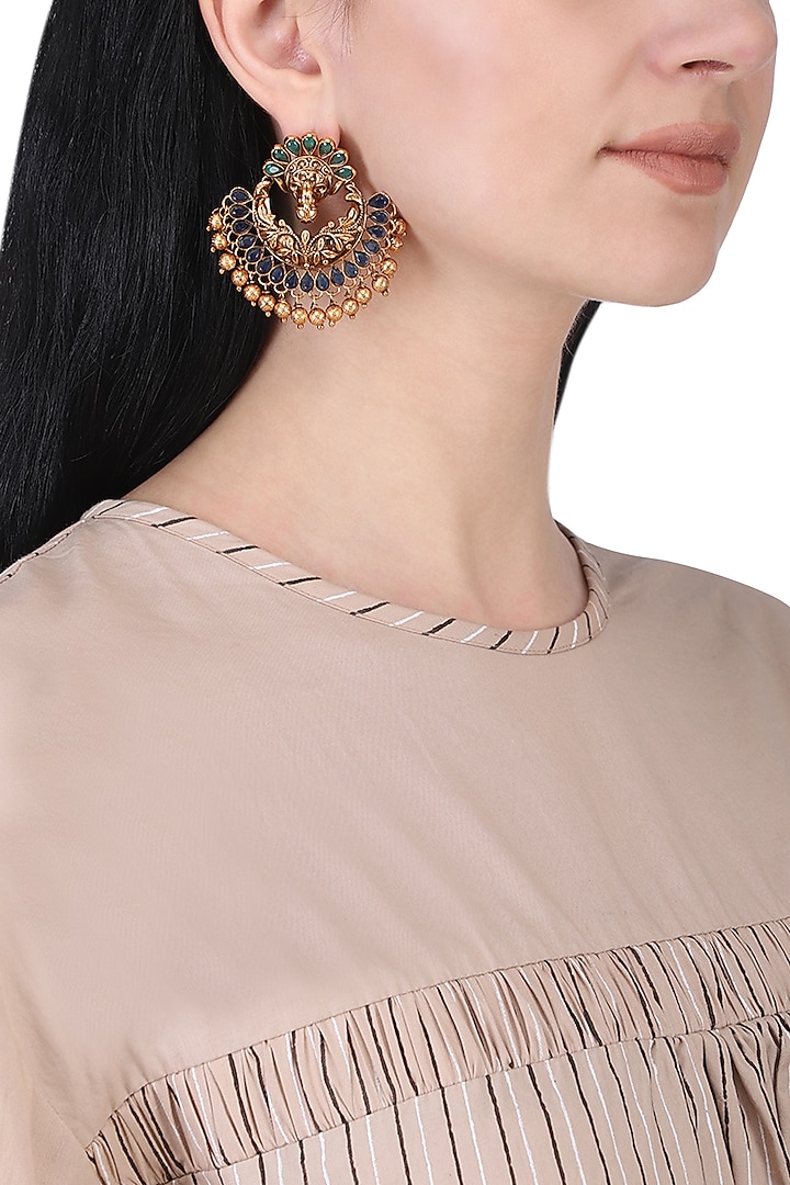 Gold plated peacock chandbali earrings by Anjali Jain Jewellery