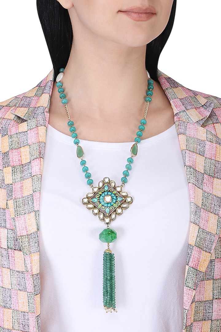 Gold plated kundan and meena pendant necklace by Anjali Jain Jewellery