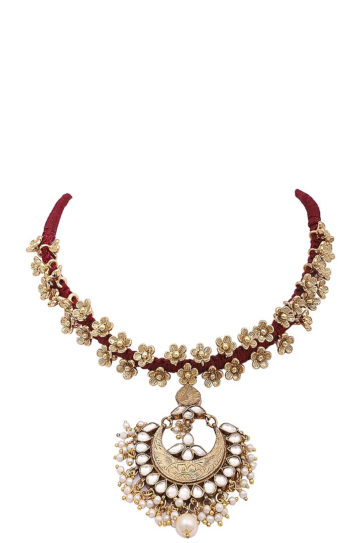Gold plated kundan red cord necklace by Anjali Jain Jewellery at Pernia's Pop Up Shop