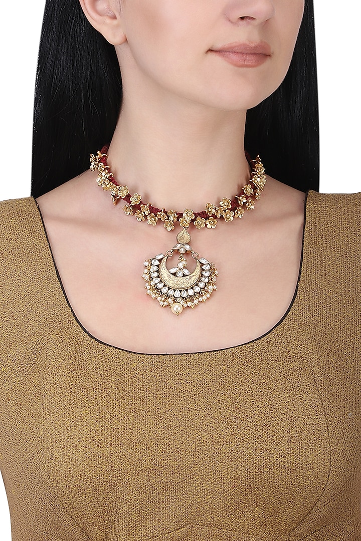 Gold plated kundan red cord necklace by Anjali Jain Jewellery