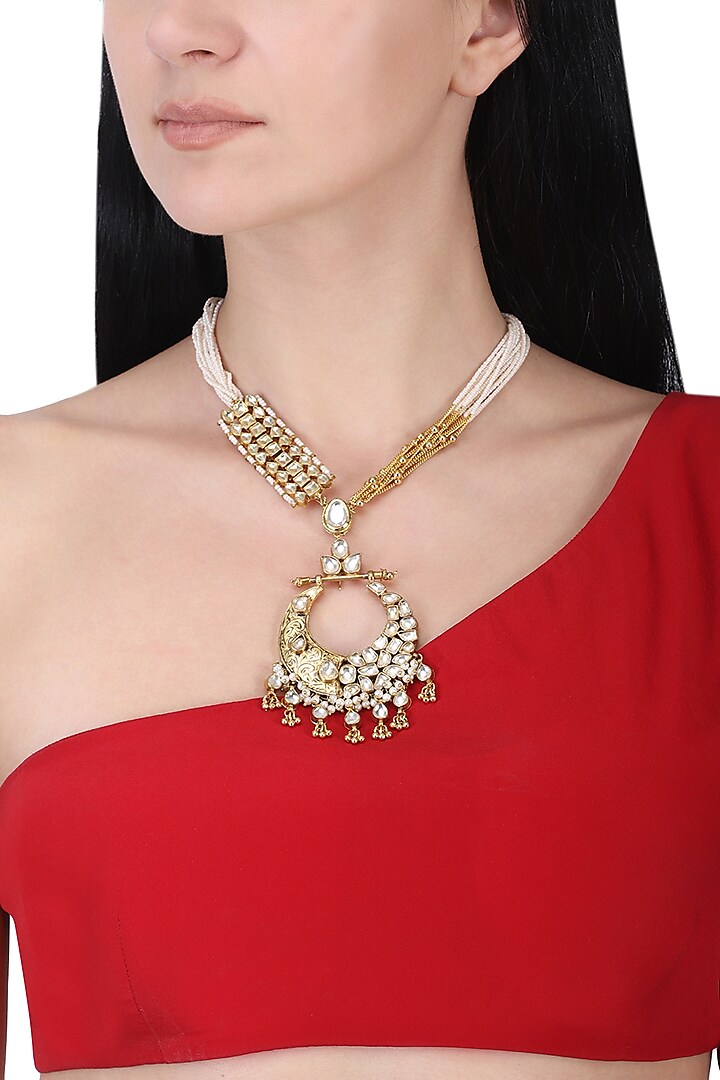 Gold plated kundan and pearl string necklace by Anjali Jain Jewellery