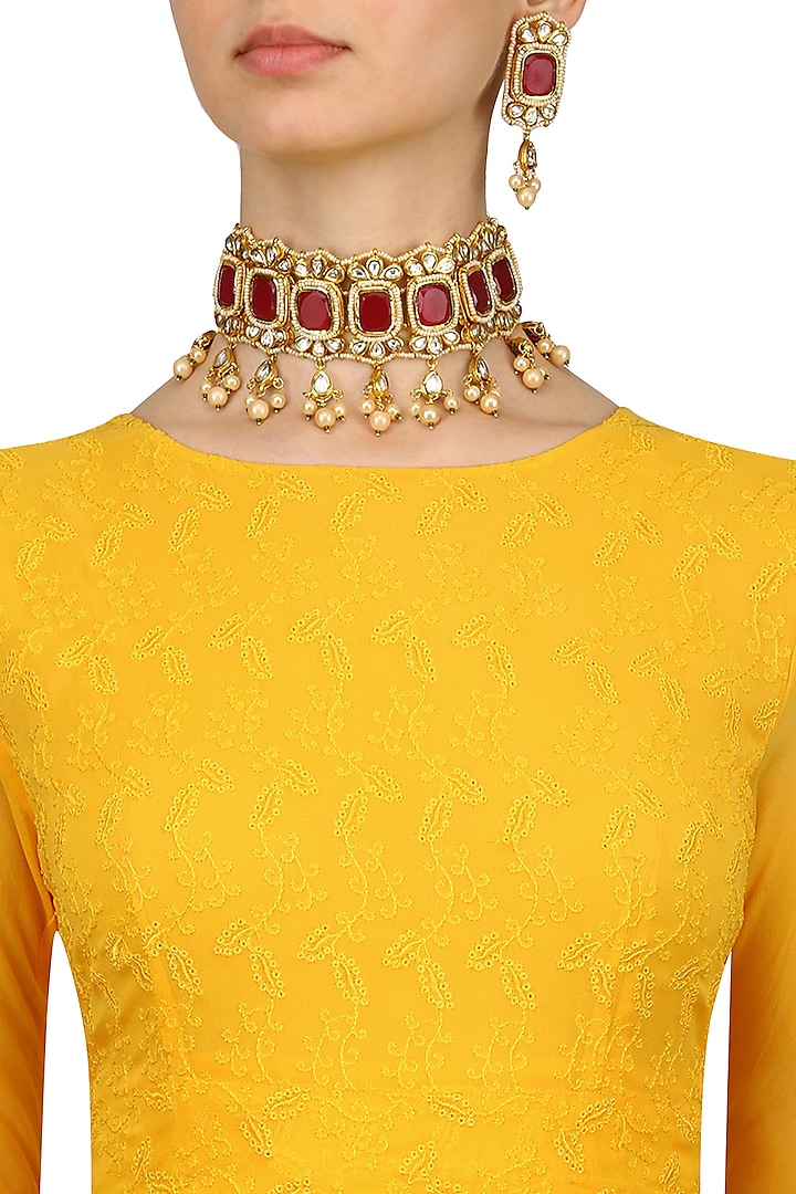 Gold Finish Kundan and Red Onyx Stone Necklace Set by Anjali Jain Jewellery