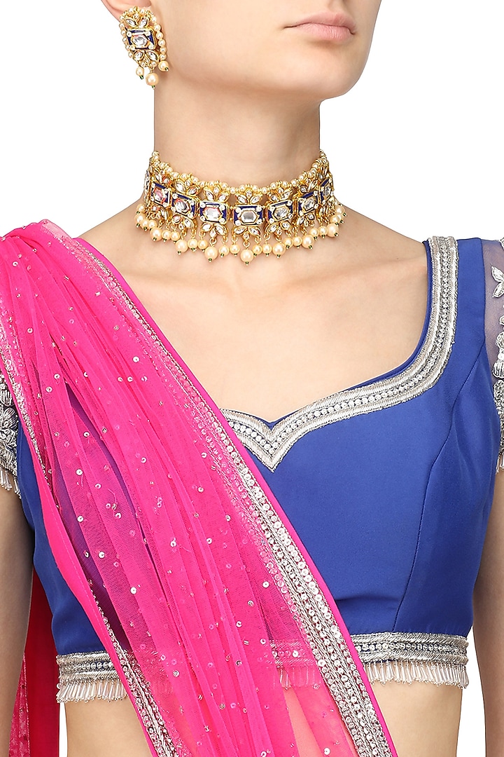 Gold Finish Kundan and Pearl Blue Enamel Necklace Set by Anjali Jain Jewellery