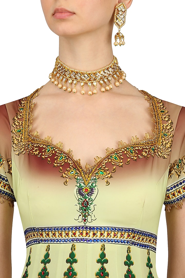 Gold Finish Polki Stone and Pearl Choker Necklace Set by Anjali Jain Jewellery
