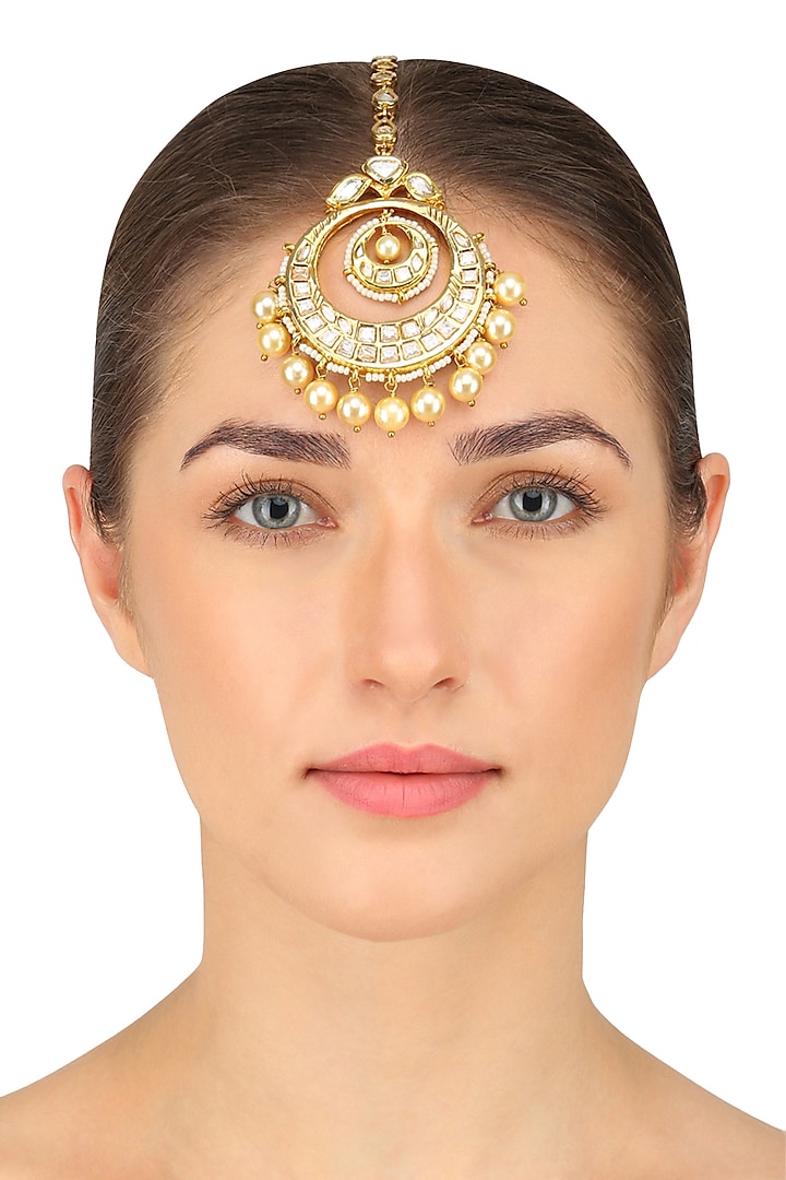 Gold Plated Kundan and Pearl Maang Tikka by Anjali Jain Jewellery