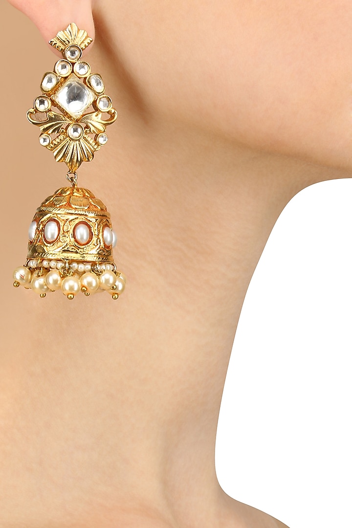 Antique Gold Finish Polki and Pearl Textured Jhumki Earrings by Anjali Jain Jewellery