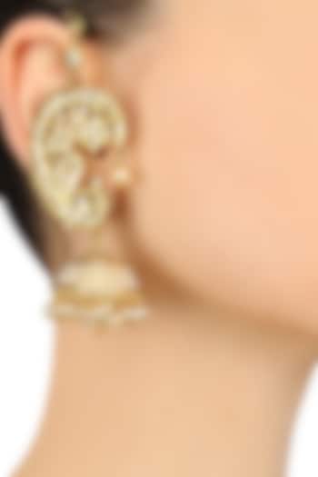 Golden Finish Peacock Kundan Earcuff with Jhumki Earrings by Anjali Jain Jewellery