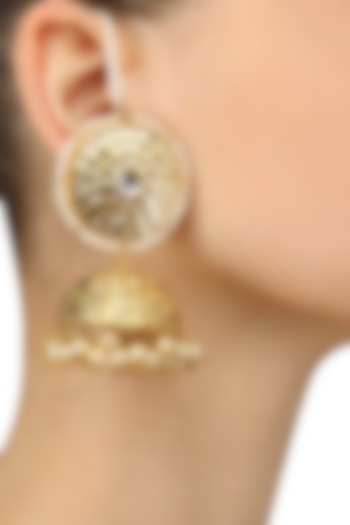Anjali Jain presents Gold finish kundan and pearl textured jhumki earrings available only at Pernia's Pop Up Shop.