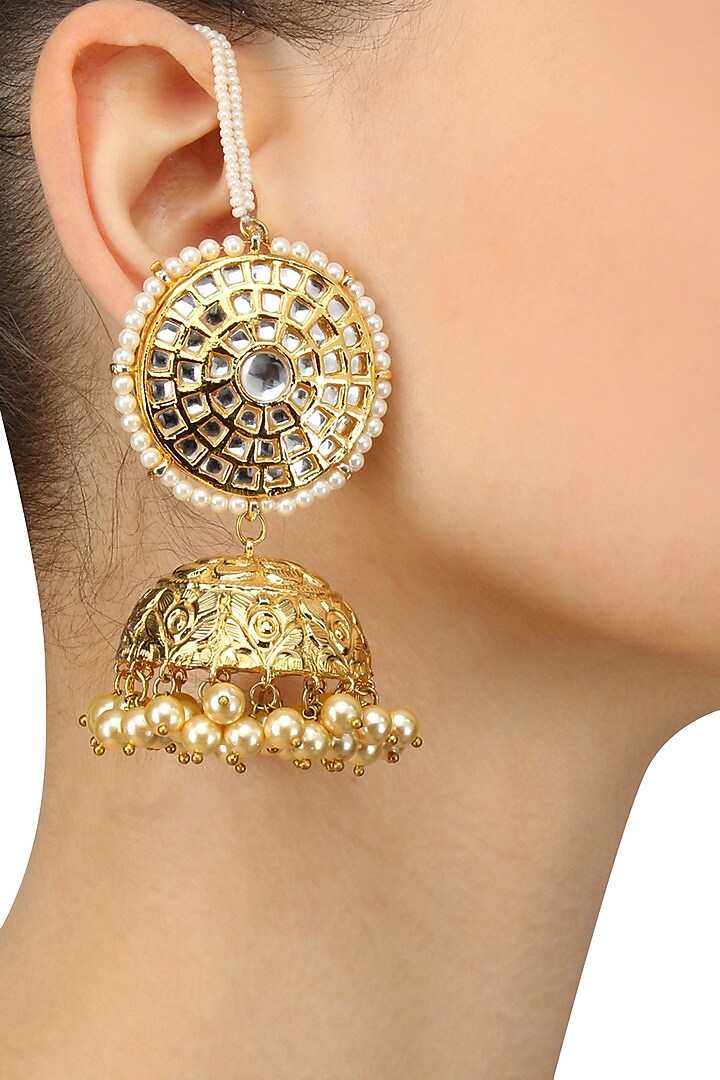 Gold Finish Kundan and Pearl Textured Jhumki Earrings by Anjali Jain Jewellery