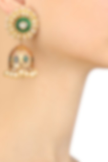 Golden Onyx Stones and Pearls Green Enamelled Jhumki Earrings by Anjali Jain Jewellery