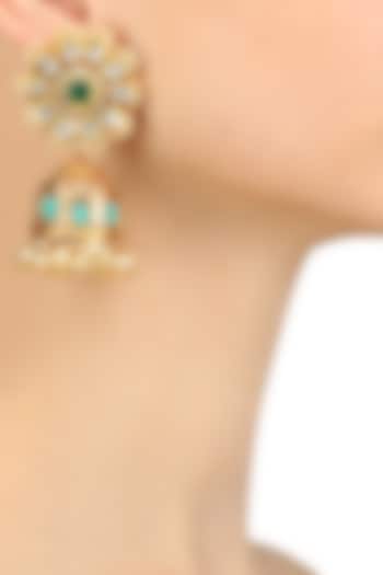 Golden Green Onyx Kundan Textured Jhumki Earrings by Anjali Jain Jewellery