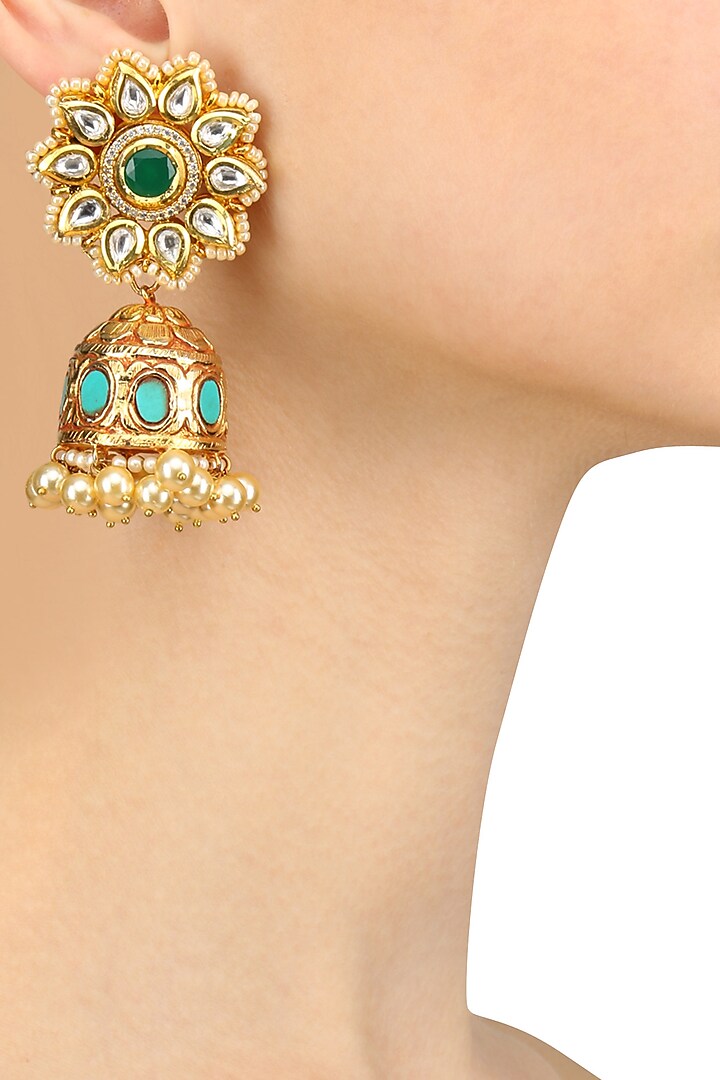 Golden Green Onyx Kundan Textured Jhumki Earrings by Anjali Jain Jewellery
