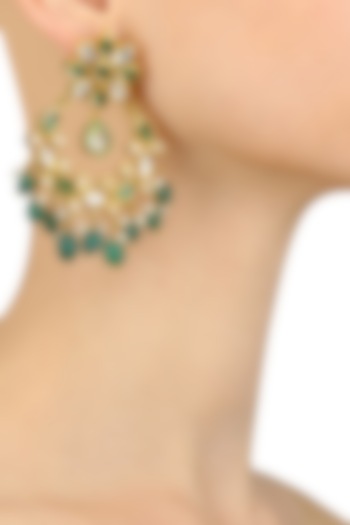 Golden Polki Onyx and Pearl Chandbali Earrings by Anjali Jain Jewellery