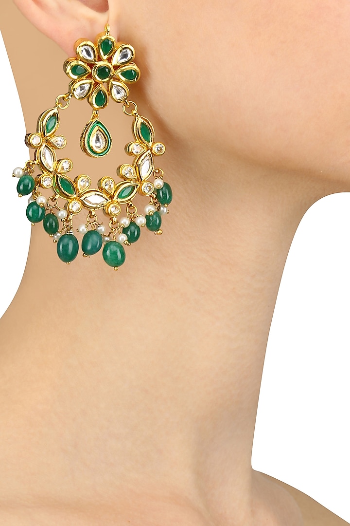 Golden Polki Onyx and Pearl Chandbali Earrings by Anjali Jain Jewellery