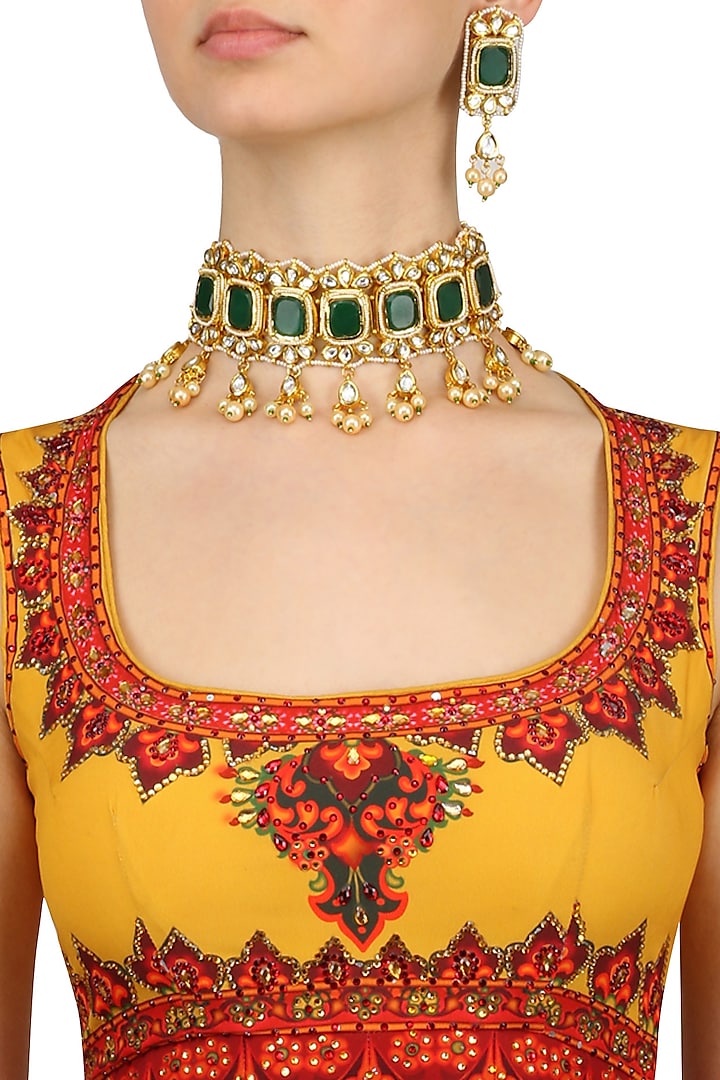 Gold Finish Onyx, Kundan and Pearls Choker Necklace Set by Anjali Jain Jewellery