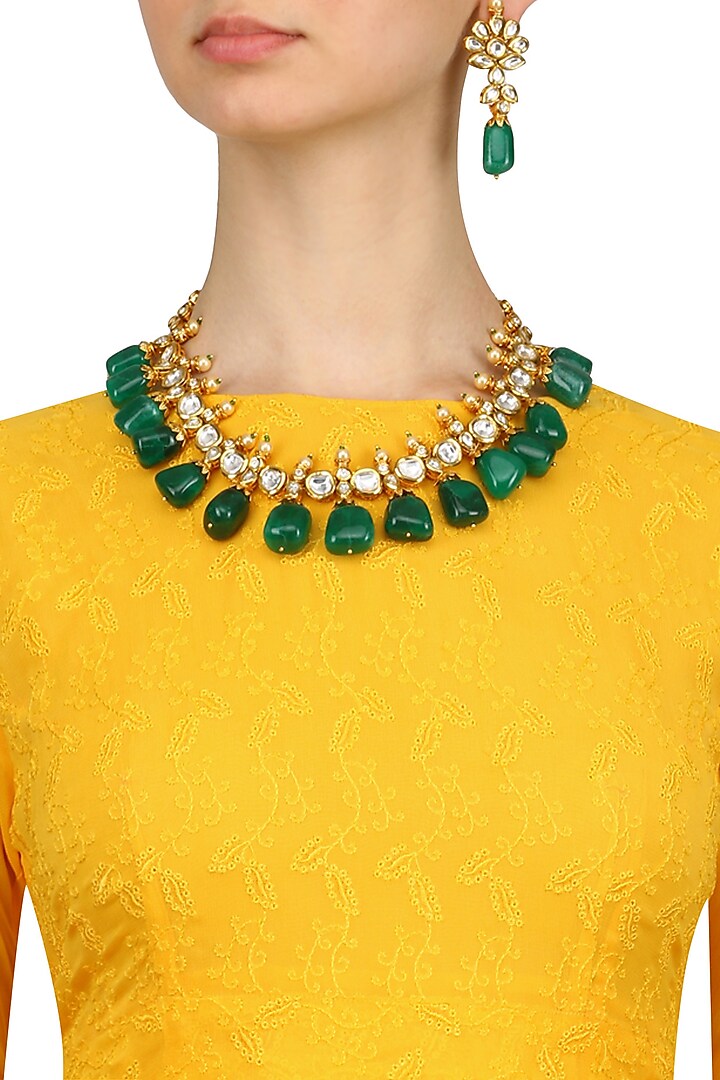Gold Finish Onyx Drops and Kundan Necklace Set by Anjali Jain Jewellery