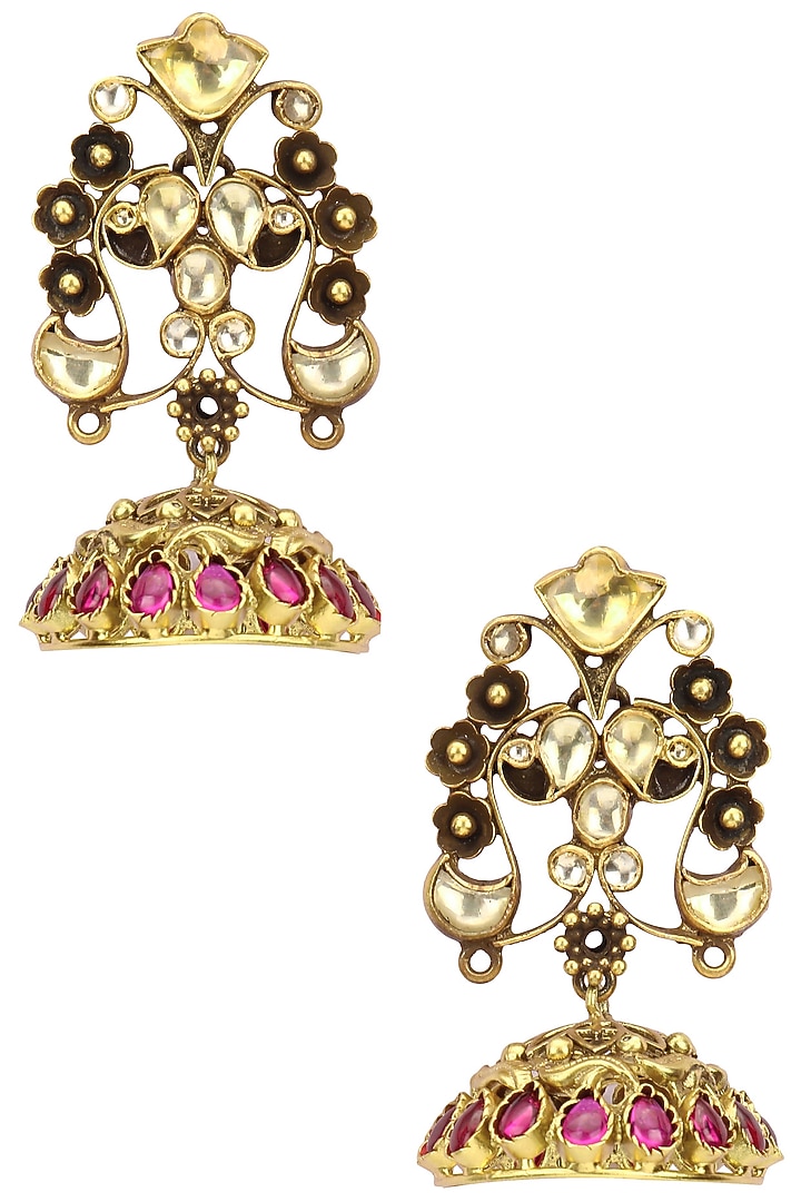Anjali Jain presents Gold plated kundan and pink semi precious stone jhumki earrings available only at Pernia's Pop Up Shop.