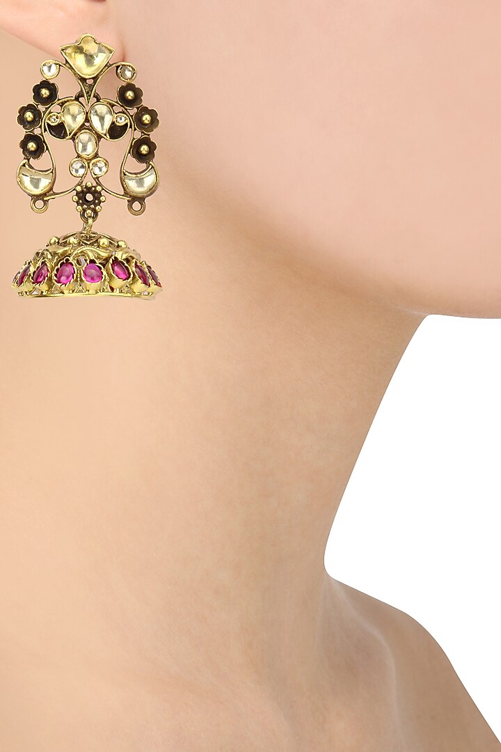 Anjali Jain presents Gold plated kundan and pink semi precious stone jhumki earrings available only at Pernia's Pop Up Shop.