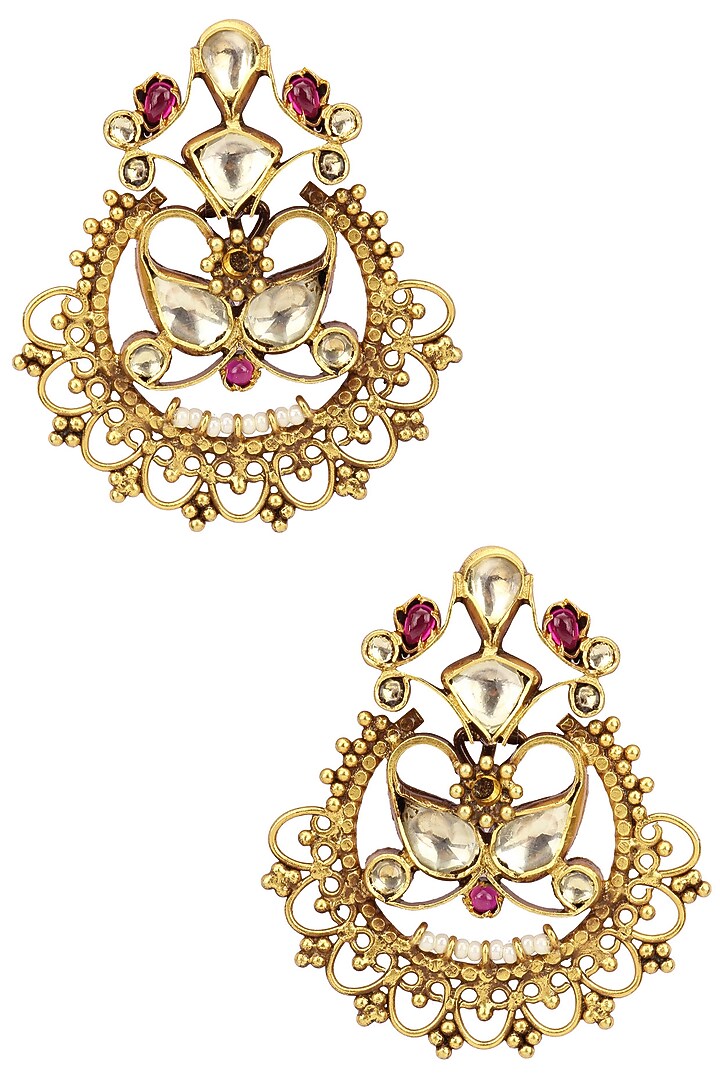 Anjali Jain presents Gold plated kundan and pink semi precious stone earrings available only at Pernia's Pop Up Shop.