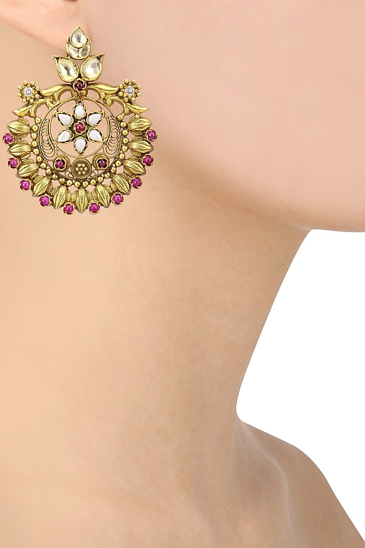 Gold Plated Kundan Stone Floral Round Earrings by Anjali Jain Jewellery