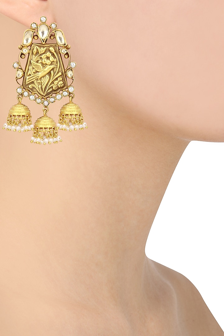 Gold Plated Three Jhumki Drop Earrings by Anjali Jain Jewellery