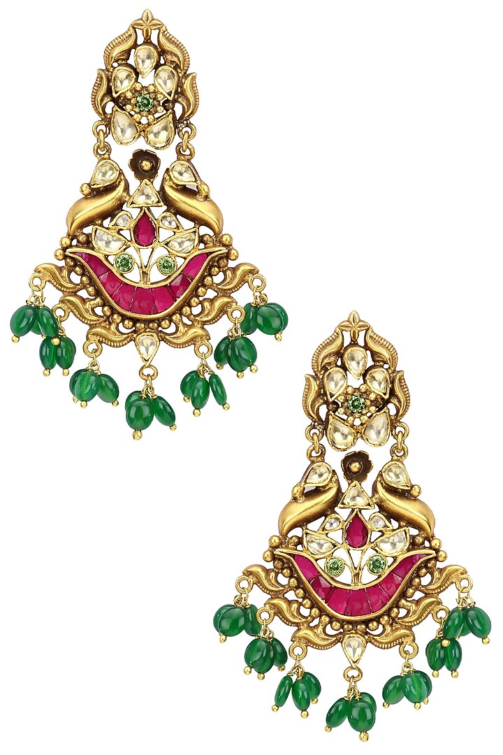 Anjali Jain presents Gold plated kundan and semi precious stone bird earrings available only at Pernia's Pop Up Shop.