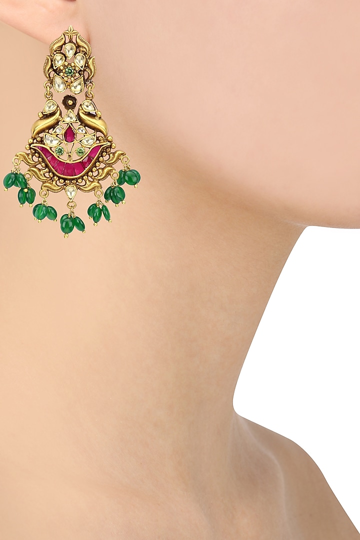 Gold Plated Kundan and Semi Precious Stone Bird Earrings by Anjali Jain Jewellery