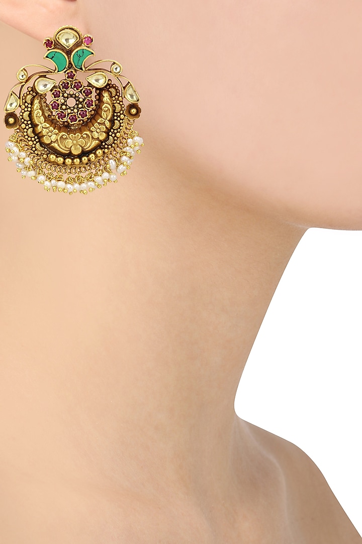 Gold Plated Carved Floral Round Earrings by Anjali Jain Jewellery
