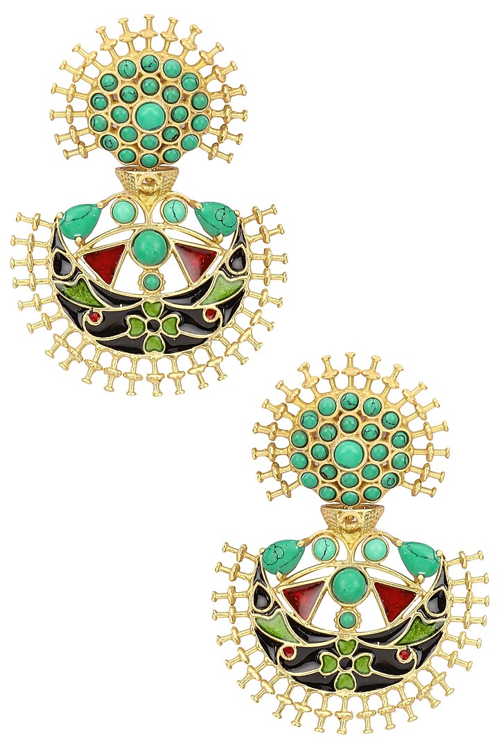 Anjali Jain presents Gold plated turquoise stone and enamel earrings available only at Pernia's Pop Up Shop.