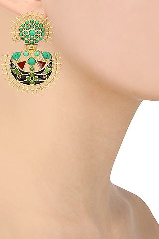 Gold Plated Turquoise Stone and Enamel Earrings by Anjali Jain Jewellery