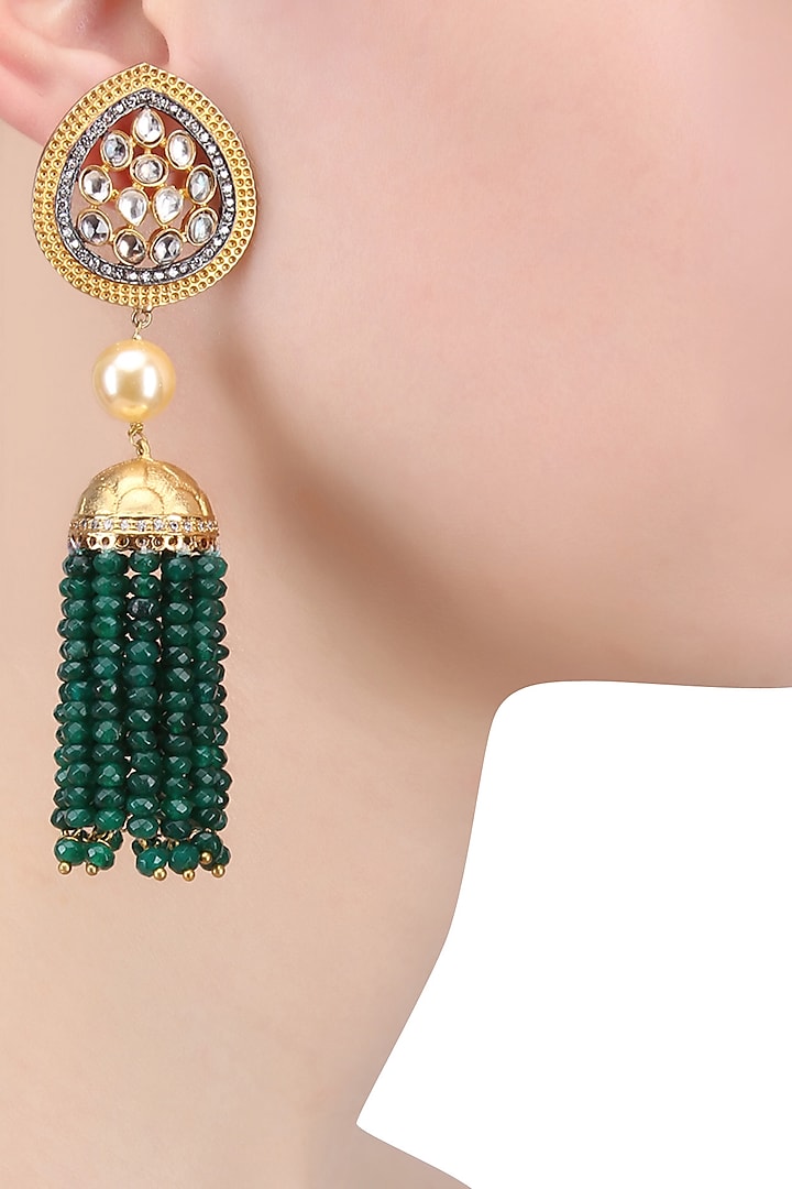 Antique Gold Finish Polki Tassel Earrings by Anjali Jain Jewellery