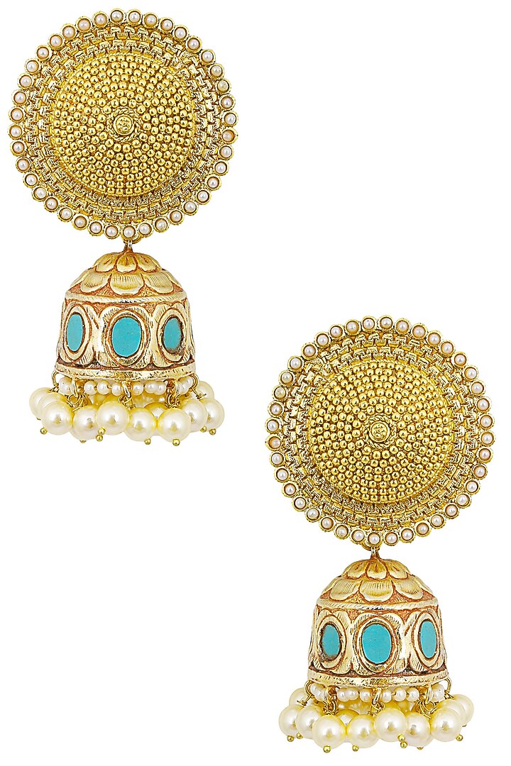 Anjali Jain presents Gold finish turquoise textured jhumki earrings available only at Pernia's Pop Up Shop.