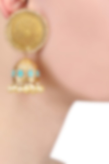 Gold Finish Turquoise Textured Jhumki Earrings by Anjali Jain Jewellery
