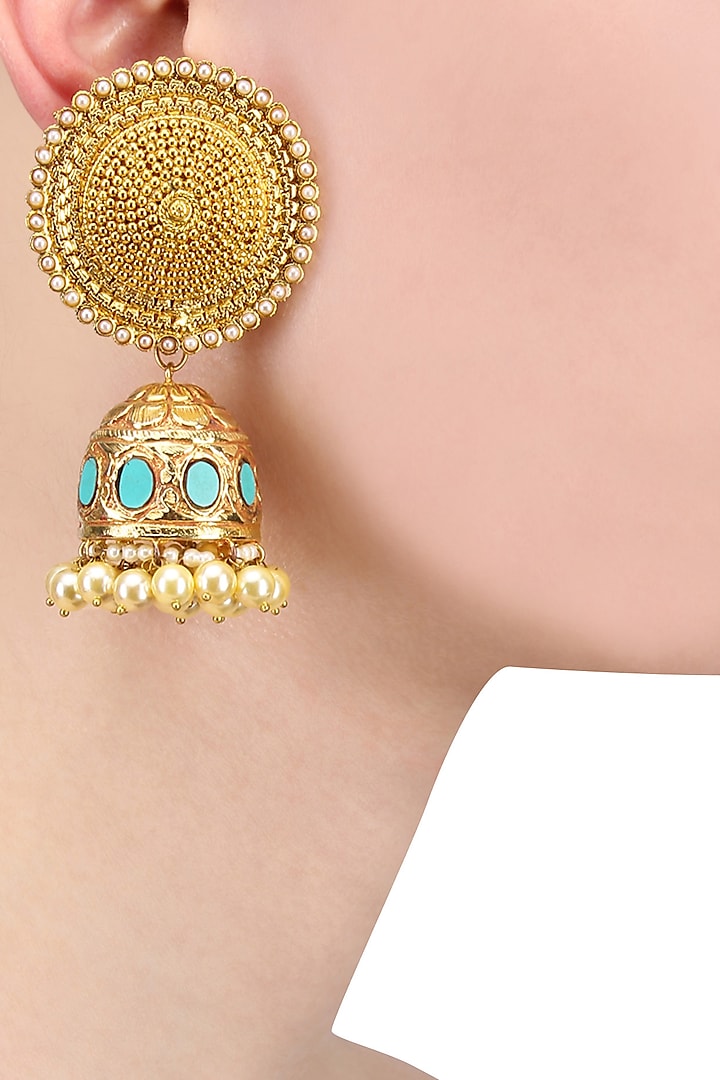 Gold Finish Turquoise Textured Jhumki Earrings by Anjali Jain Jewellery