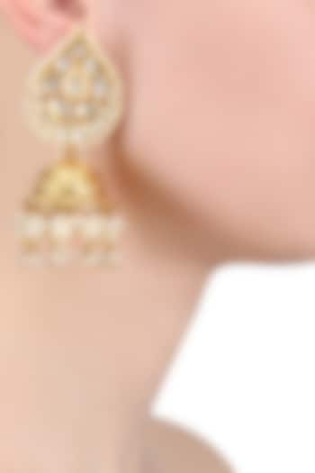 Gold Finish Polki Paan Textured Jhumki Earrings by Anjali Jain Jewellery